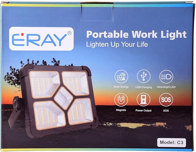 ERAY Portable LED Work Light with Rechargeable Battery 15000mAh 10000 LM, Solar Camping Lights, IP66 4 Lighting Modes Worklight for Outdoor Building Emergency Car Repairing