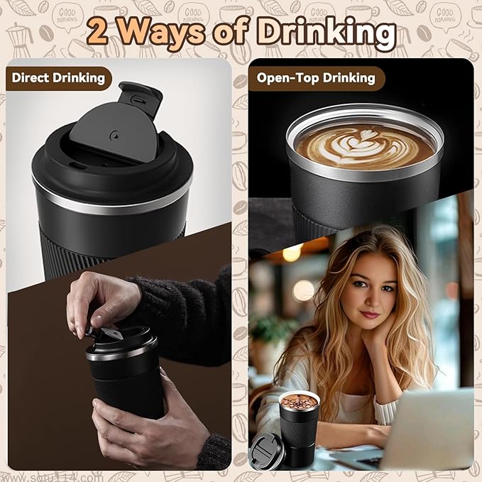 17OZ Travel Coffee Mug Insulated Coffee Cup with Spill Leak Proof Lid, Portable Stainless Steel Tumbler Reusable Hot and Cold Water Mug for Car, Daily, Camping- Black