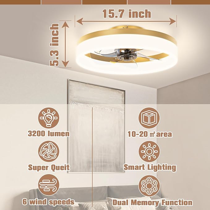 VOLISUN Low Profile Ceiling Fans with Lights and Remote,15.7in Modern Ceiling Fan Flush Mount, 3000K-6500K Dimmable Bladeless LED Fan Light,Gold Fandelier Ceiling Fans with Lights for Bedroom