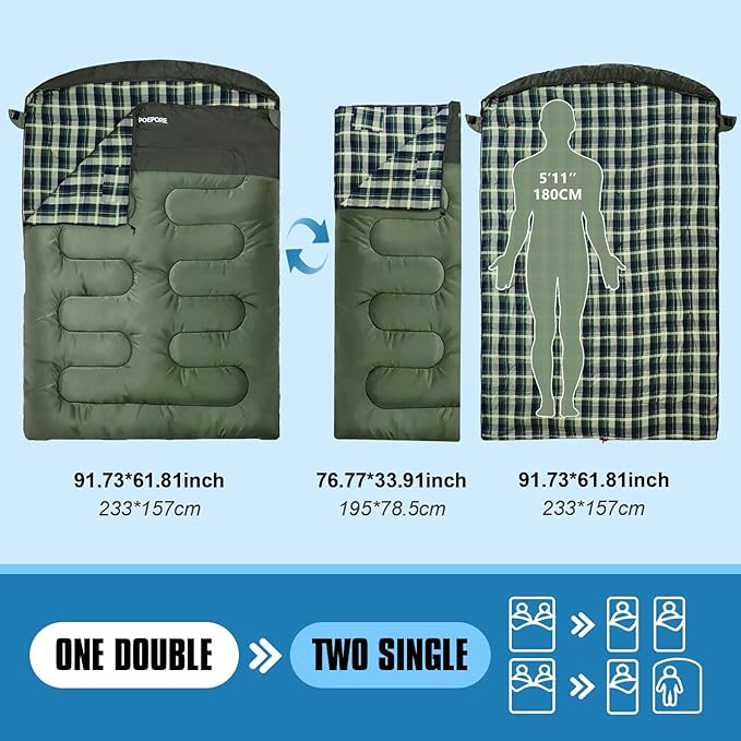 Double Sleeping Bag Flannel for Adults with 2 Pillows 2 Person Sleeping Bags Camping XXL Queen Size Two Person Sleeping Bag for Cold Weather