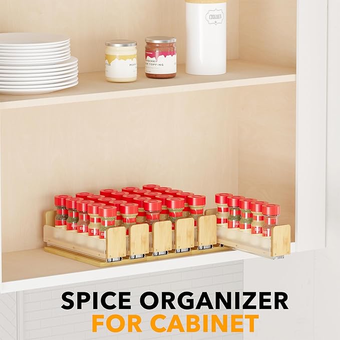SpaceAid Bamboo Pull Out Spice Rack Organizer for Cabinet, Heavy Duty Slide Out Seasoning Kitchen Pantry Sliding Vertical Organization, 5.1" Wide, 2 Drawers(2" Wide), 1-Tier, Natural
