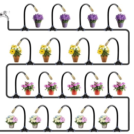 80Ft Drip Irrigation System for Garden โ 360ยฐ Bendable Automatic Watering Kit with 18 Adjustable Nozzles, Misting Hose for Greenhouse, Lawn, Yard & Plants (80 FT)