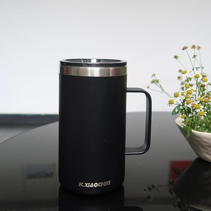 KXIAOCHEN 20oz Insulated Coffee Mug with Lid, Stainless Steel Coffee Cup, Double Wall Vacuum Coffee Tumbler with Handle, Premium Thermal Travel Coffee Mug (Black)