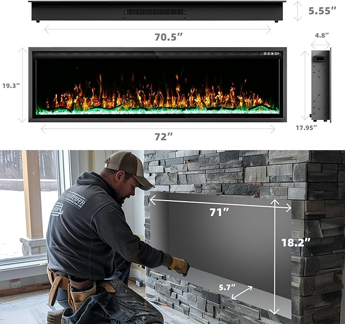 BREEZEHEAT 72 Inch Electric Fireplace-Recessed & Wall Mounted Linear Fireplace-750/1500W Heater w/Temperature Control, Log & Crystal Options, Adjustable Flame, Remote Control