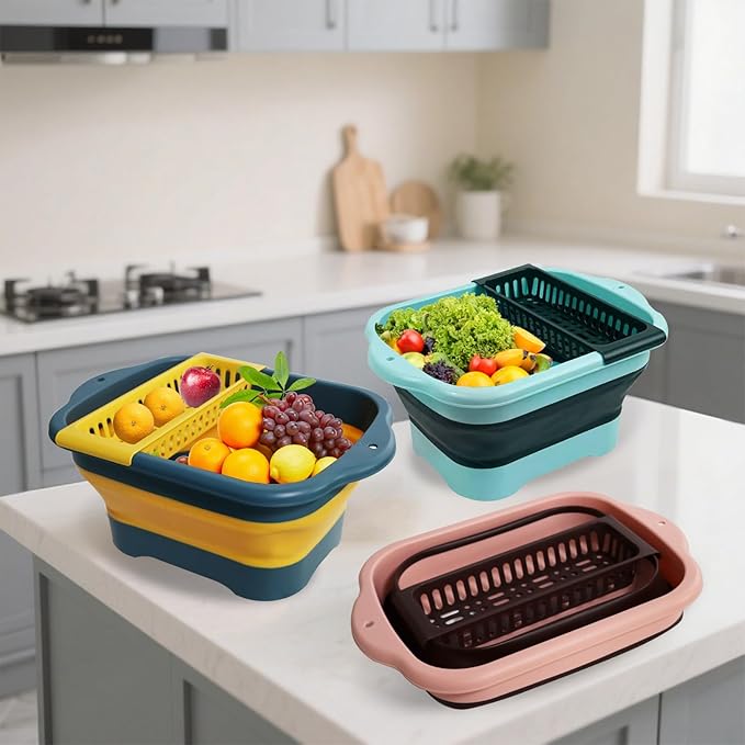 2.77 Gallon (10.5L) Collapsible Dish Basin with Drain Plug, Green Camping Dish Basin for RV, Space-Saving Foldable Wash Tub, BPA-Free Portable Sink for Vegetables and Dishes- with Brush