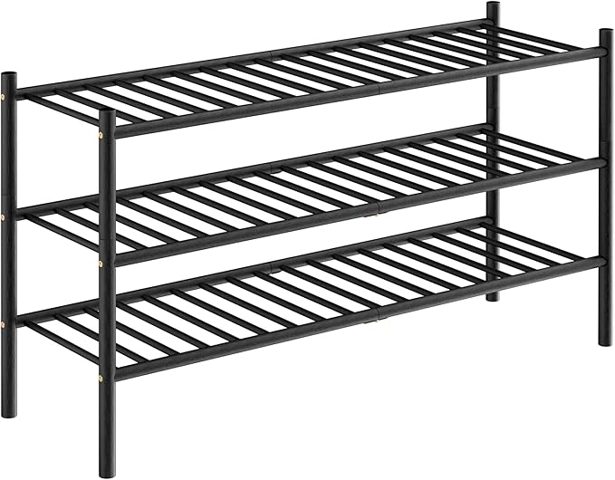 3-Tier Bamboo Long Shoe Rack, Free Standing Wood Shoe Shelf Storage Organizer for Closet Entryway Stackable 35"x11"x20" (Black)