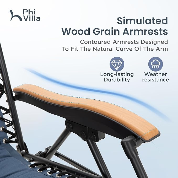 PHI VILLA XXL Oversized Padded Zero Gravity Chair, Foldable Patio Recliner, 30" Wide Seat Anti Gravity Lounger with Cup Holder, Support 400 LBS (Blue Accent)