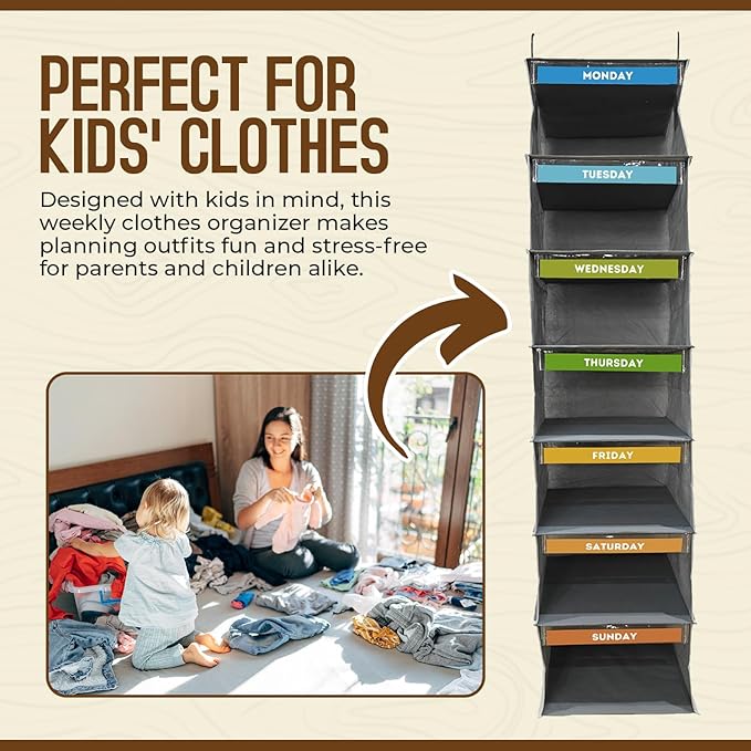 7 Shelves Hanging Closet Organizer, a Shelf for Every Day of The Week, Foldable Hanging Storage with Side Pockets, Clothes Storage for Bedroom, Weekly Clothes Organizer for Kids