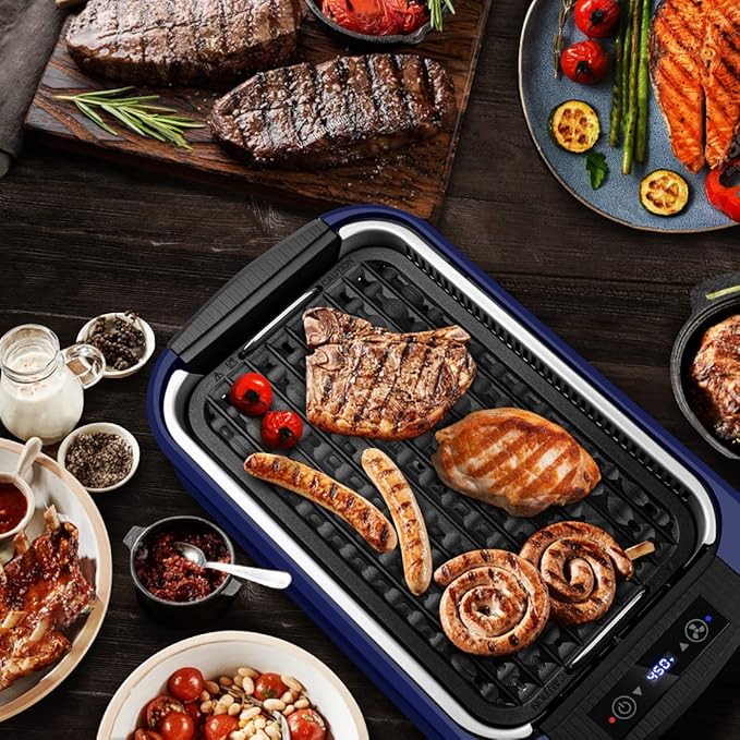CUSIMAX Smokeless Grill, 1500W Electric Indoor Grill with LED Smart Display & Tempered Glass Lid, Non-stick Removable Plate, Blue