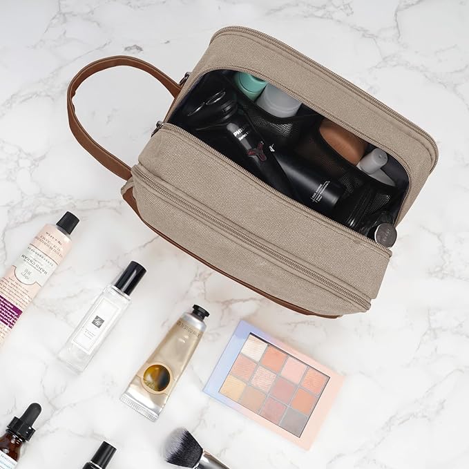 WANDF Travel Toiletry Bag for Men Large Toiletries Shaving Bag Water Resistant Hanging Dopp Kit Travel Accessories Bag for Women Men (Light Khaki)