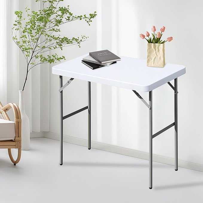 Folding Table 2.7ft Rectangular All-Occasion Plastic Folding Event Table for Indoor and Outdoor, Portable Desk, Camping, Durable and Stable, HDPE and Steel, Wide Application, White