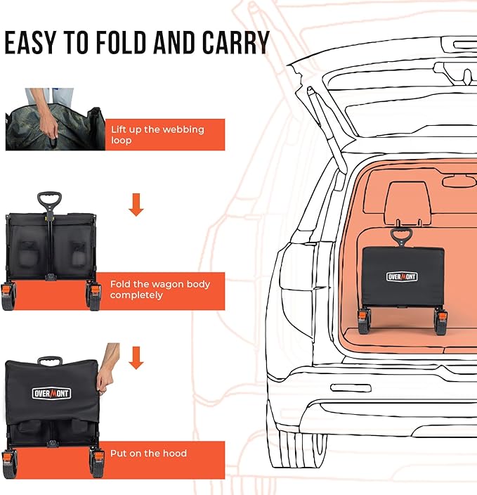 Overmont Collapsible Wagon with Tailgate - 49.2" Extended Heavy Duty Foldable Utility Wagon Folding Cart with All-Terrain Wheels for Outdoor Camping Sports Garden Beach Grocery - 300lbs Support