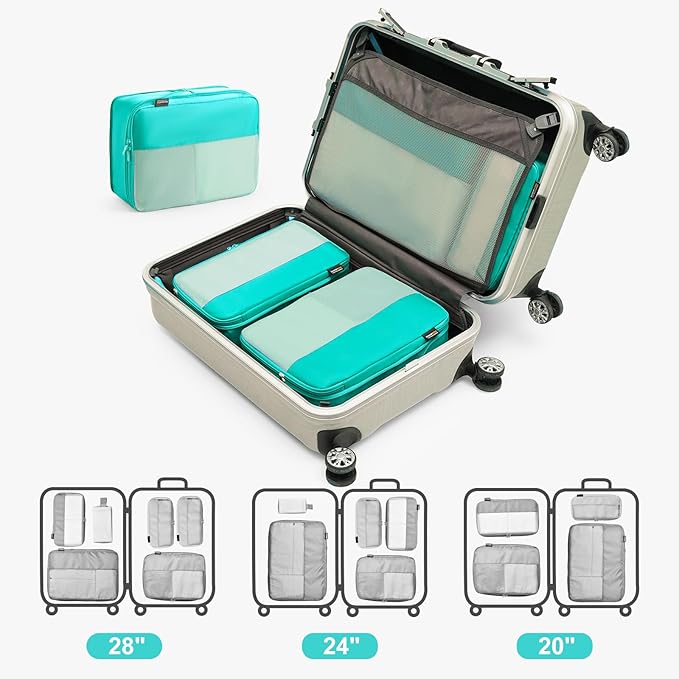 6 Set Compression Packing Cubes for Travel Essentials, Luggage Organizers for Suitcases (Teal)