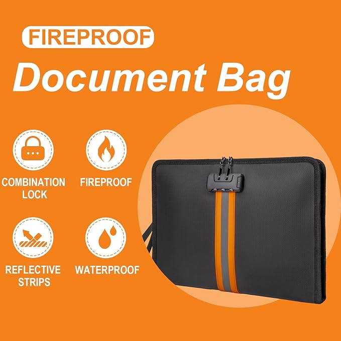 Fireproof Document Bag with Lock,13"×9.2" Fireproof Money Bag,with Zipper and Lock,Suitable for Tablets, A4 Documents, Cash, Mobile Phones, Credit Cards and Notarized Documents.