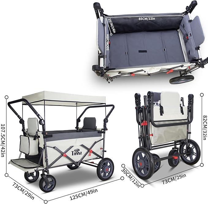 TMZ Foldable Wagon with Canopy, Collapsible Folding Wagon with Adjustable Handle Bar, Multi Functional Cart with Expansion Accessories, Front Expandable Transport Camping Wagon (Grey/Beige)