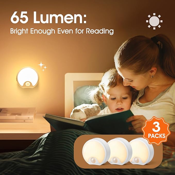 Motion Sensor Light Indoor Rechargeable 3PACK,65 Lumen+3 Modes Sensor Lights Indoor, Just-Stick-it Stairs Lights,Rechargeable Motion Sensor Light Motion Detector Lights for Inside