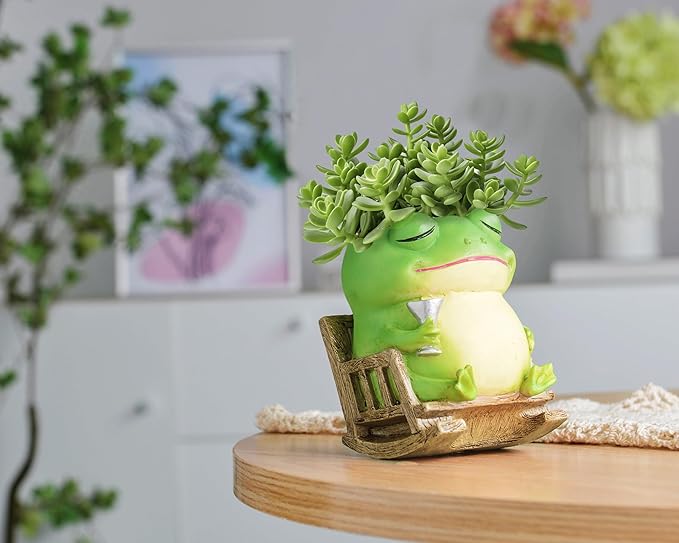 Unique Frog Plant Pots Indoor, Cute Small Succulent Pots with Drainage Hole, Rocking Chair Planters for Outdoor Indoor Plants, Resin Flower Pot for String of Pearls, Gift Ideas for Mother