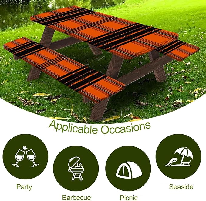 CAPSCEOLL Elastic Picnic Table Cover with Bench Covers 5Ft Waterproof Fitted Picnic Table Cover Cloths for Outdoors Camping Tablecloth with Drawstring Bag, 60X30in, Orange Plaid