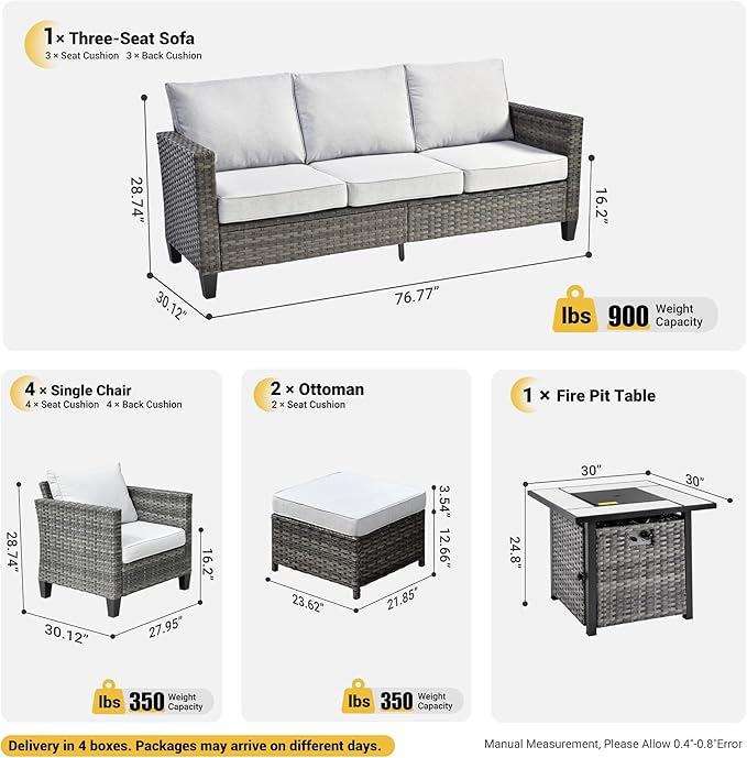 ovios 8 Pieces Patio Furniture Set with 30" Fire Pit Table, Outdoor Wicker Sofa with Comfy Cushions, All Weather High Back Rattan Couch Conversation Set, Grey