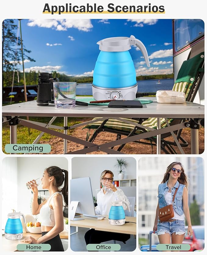Portable Electric Travel Kettle, 600ml Collapsible Silicone Kettle with Temperature Adjustment Function for Camping, Hotels and Travel (BLUE)