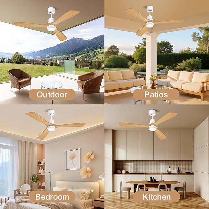 Obabala 52I Wood Ceiling Fan Modern Ceiling Fan with LED Light and Remote Control for Patios Indoor Reversible DC Motor Timmer