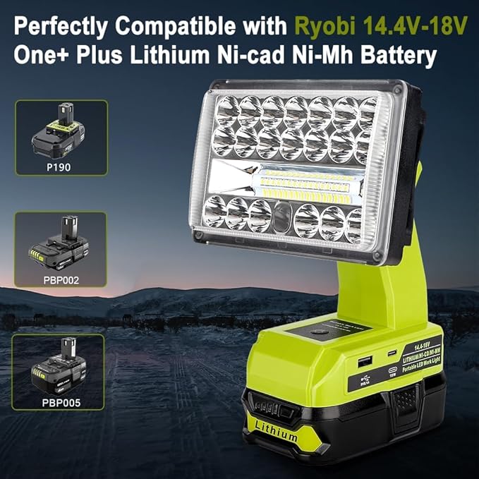 Choerinton Work Light Compatible with Ryobi 18V Battery Cordless Led Work Light Rechargeable Jobsite Light Outdoor Battery Powered Floodlight USB Charging Port for Car Repair Hiking Camp Garage