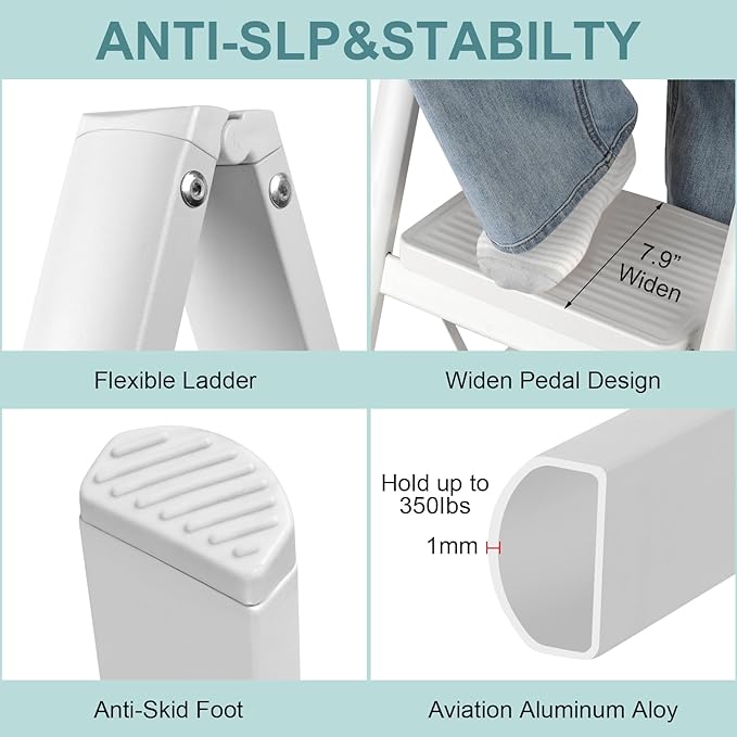 Upgraded 2 Step Ladder, 330 lbs Folding Aluminum Step Stool with Wide Anti-Slip Pedals, Lightweight & Portable Ladder for Kitchen, Closet, Office, Home Use - White