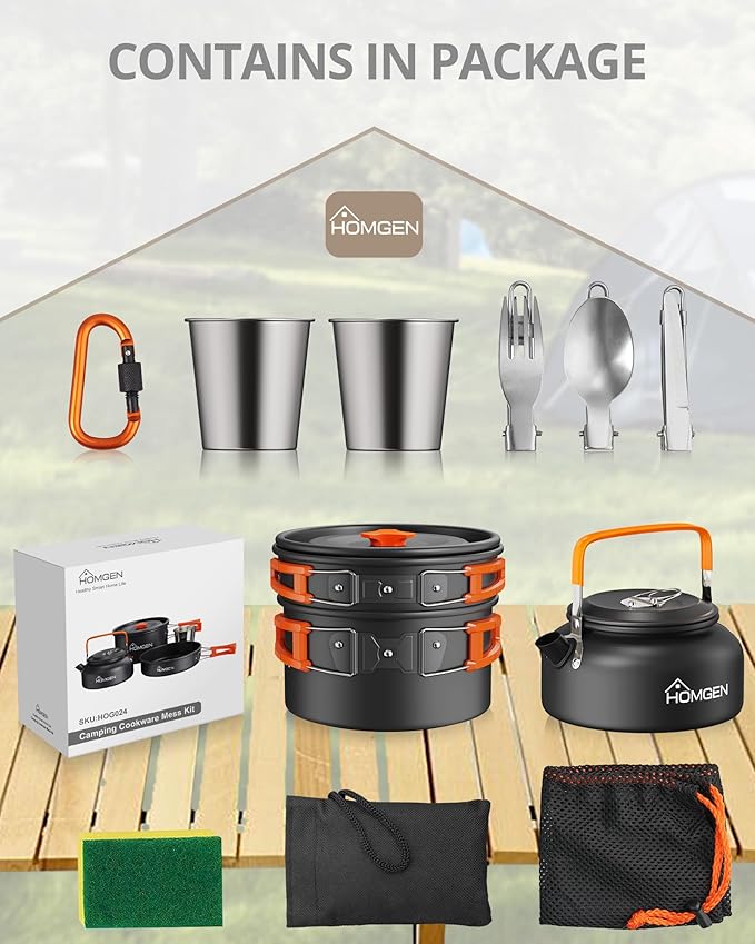 HOMGEN 12-Pieces Ultralight Anodized Aluminum Camping Cookware Set for 2 People - Nesting Pot/Pan with Foldable Handles 800ml Insulated Teapot & Stainless Cups - Compact Backpacking Gear for Camping