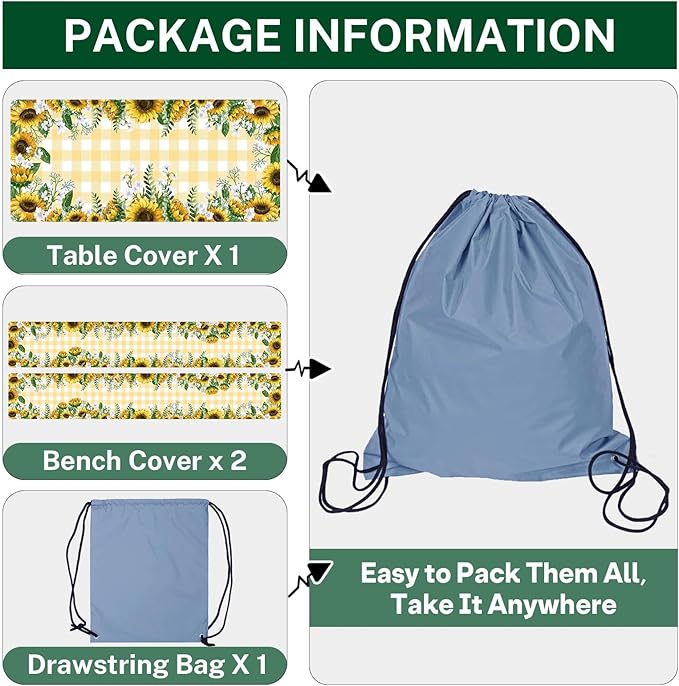 Picnic Table Cover with Bench Covers Elastic Edges, Yellow Fitted Table Cover, Outdoor Patio Camping Essentials 60 Inch 3PCS, Waterproof Camping Fitted Tablecloth with Drawstring Bag