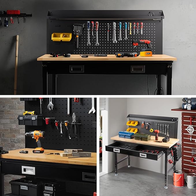48" Workbench with Drawers, Work Benches for Garage with Strip Light, Adjustable Work Table with Large Pegboard, 2000 LBS Heavy Duty Table with Power Outlet Rubber Wood for Garage, Office