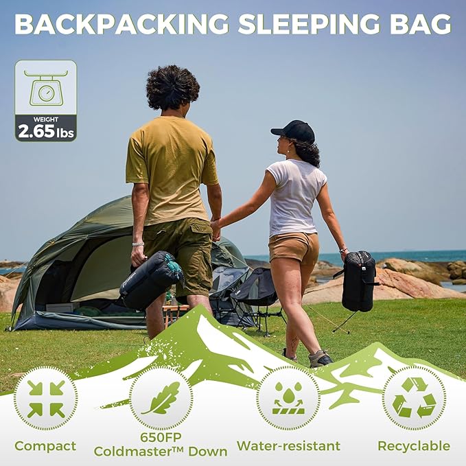 ATEPA Down Sleeping Bag, Recycled 650FP 4 Season Summer & Winter Compact Rectangle Lightweight Waterproof Wearable Sleeping Bag with Compression Sack for Camping Backpacking Hiking