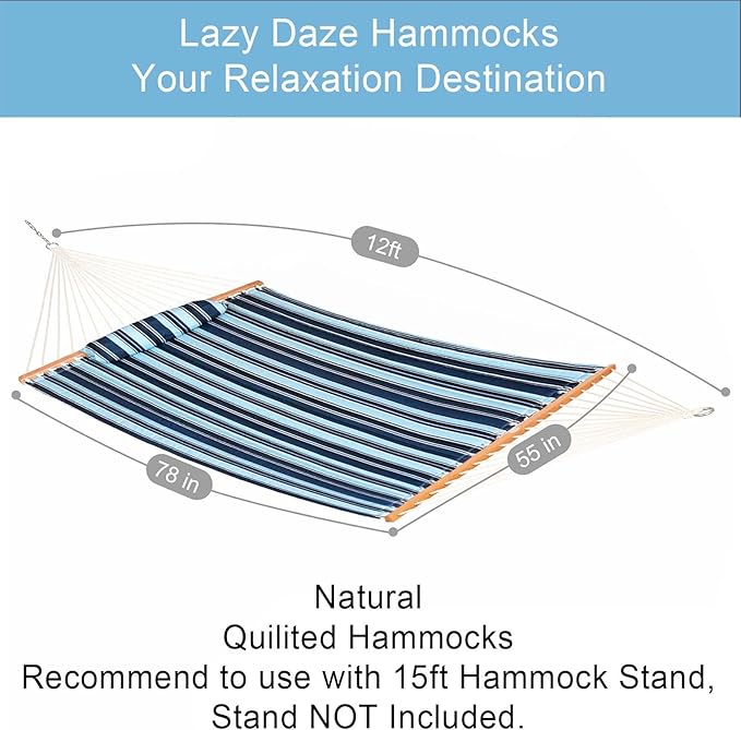 Lazy Daze Hammocks 12FT Quilted Fabric Hammock with Pillow, Double 2 Person Hammock with Spreader Bar for Outdoor Outside Patio Garden Yard Pool Beach QFH034