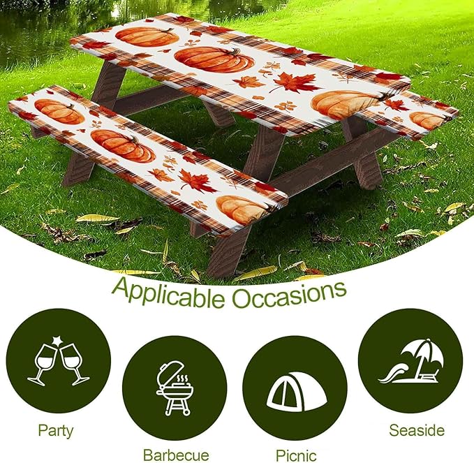 CAPSCEOLL Fitted Picnic Table Cover with Bench Covers with Elastic 6Ft Waterproof Camping Picnic Table Cover Cloths for Outdoors Camping Tablecloth with Drawstring Bag, 72X30in, Pumpkins Leaf