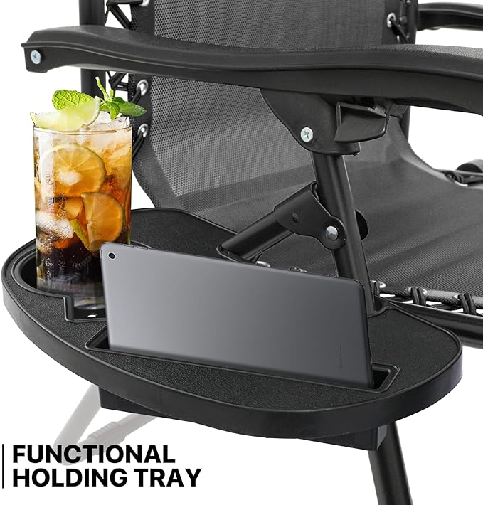 MoNiBloom Oversized Lounge Beach Chairs for Outside, 29" XL Zero Gravity Camping Chairs with Side Table, Pillow and Tray, 330lbs Capacity, Black