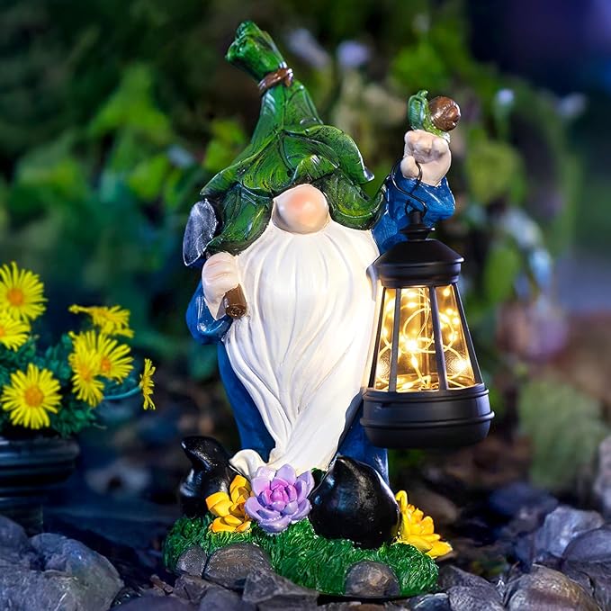 Solar Gnome Garden Figurine Yard Lights with Solar Lights Lantern & Shovel - Outdoor Yard Art Lawn Ornaments for Porch Patio Balcony - Gnome Gifts for Women Mom