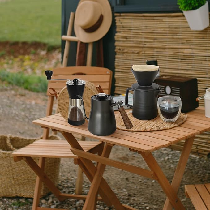 SOTECH Pour Over Coffee Maker Set All in 1 Coffee Kits- 304 Stainless Steel Kettle with Thermometer Coffee Grinder Coffee Dripper & Server of Portable Travel Bag For Outdoor Camping
