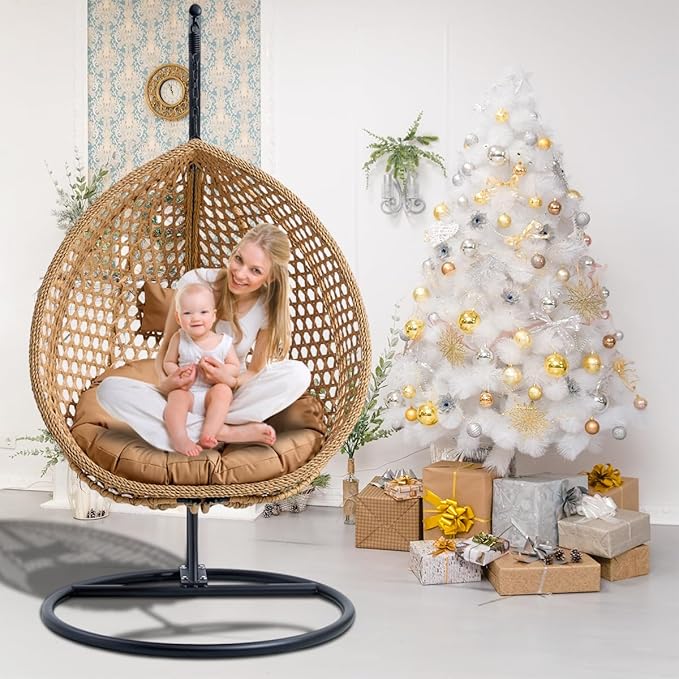 JUFU Egg Swing Chair with Stand,Hanging Egg Chair Indoor Outdoor,Hammock Hanging Basket Chair with Aluminum Steel Frame,Patio Egg Chair with Removable Cushions for Patio Balcony Backyard,Bedrooms