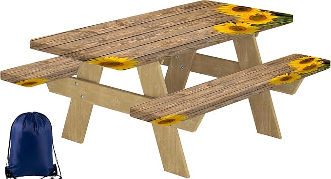 CAPSCEOLL Picnic Table Cover with Bench Covers 8Ft Waterproof Camping Tablecloth All-Weather Outdoor Table Protector with Drawstring Bag for Camping Essentials, 96X30In, Wooden Sunflowers