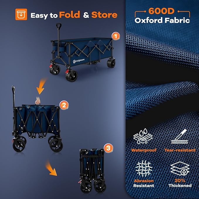 48" L Collapsible Wagon Cart Foldable, 560LB Weight Capacity 300L Heavy Duty Folding Beach Wagons with Big All-Terrain Wheels, Utility Carts for Groceries, Shopping, Camping, Sports - Blue