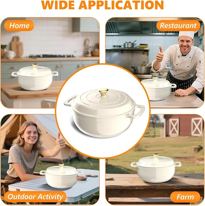 BONNLO 6QT Round Dutch Oven, Enameled Cast Iron Dutch Oven Pot with Lid & Dual Handles, Oven Safe Up to 500° F, for Sourdough, Bread Baking, Stews and Roasting (Cream)