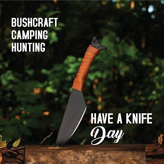 Viking Axe with Gift Viking Knife Also Leather Sheaths, Carbon Steel, Carved Wooden Handle, Bearded Heaven Hatchet for Camping, Throwing, Survival, Splitting, Felling, Chopping, Hiking (Axe - 02)