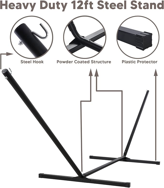 SUNCREAT 55 Inch Extra Large Double Hammock with 12 ft Stand, 475lbs Capacity, Outdoor Portable Hammock with Hardwood Spreader Bar, Extra Large Pillow, Brown