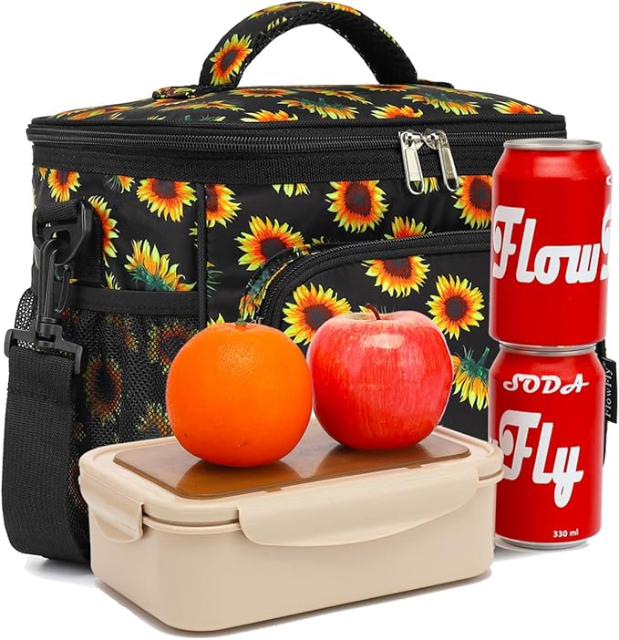 FlowFly Insulated Reusable Lunch Bag Adult Large Lunch Box for Women and Men with Adjustable Shoulder Strap,Front Zipper Pocket and Dual Large Mesh Side Pockets,Sunflower