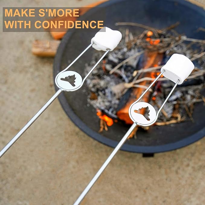 Heavy Duty Roasting Sticks for Hotdogs, Marshmallows and Smores, 32" Long Solid Stainless Steel Skewers for Campfire and Fire Pit, Dishwasher Safe