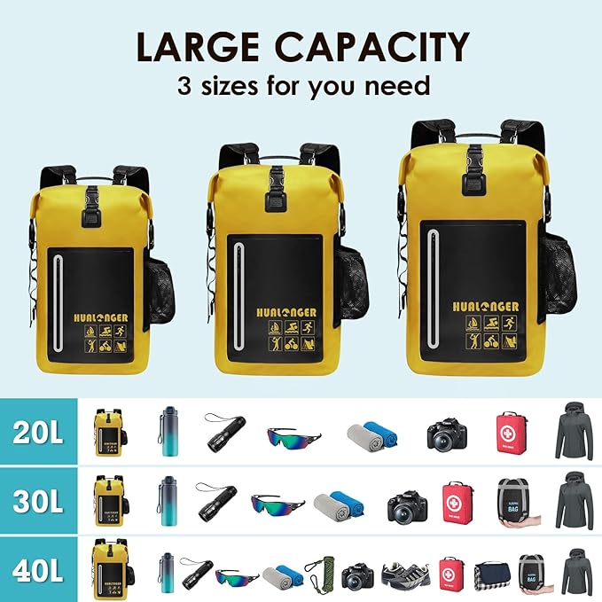 Dry Bag Backpack 20L/30L/40L- Roll Top Closure Bag - Heavy Duty Dry Bags Waterproof - Lightweight Durable Floating Dry Bag with IPX8 Waterproof Phone Case