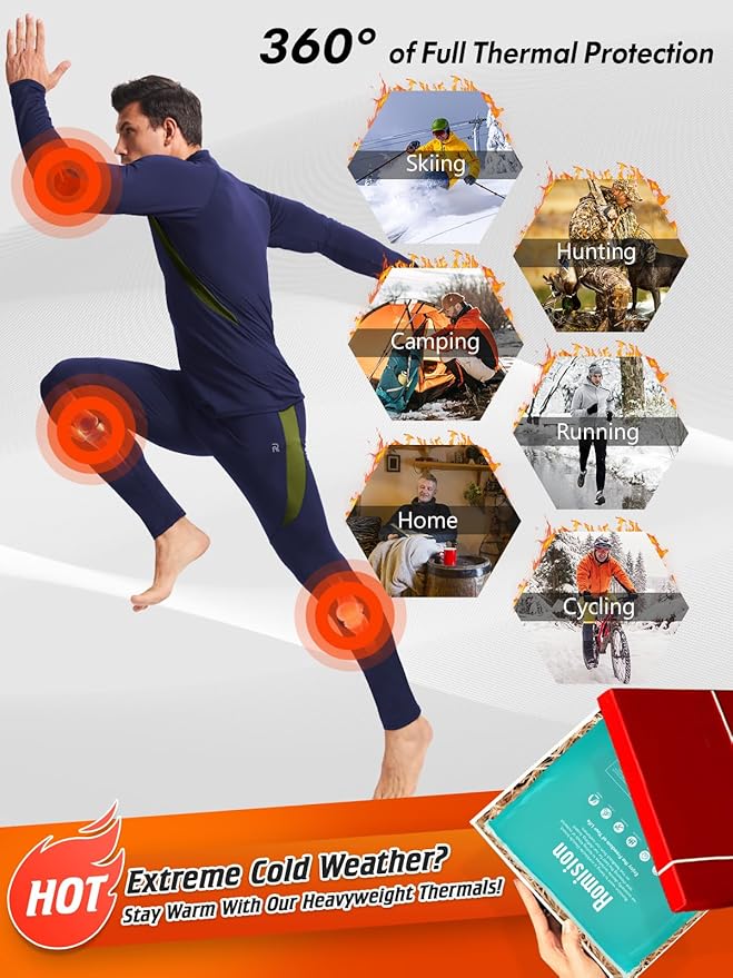 romision Thermal Underwear for Men Long Johns Fleece Lined Hunting Gear Bottom Top Set Base Layer for Cold Weather Gift