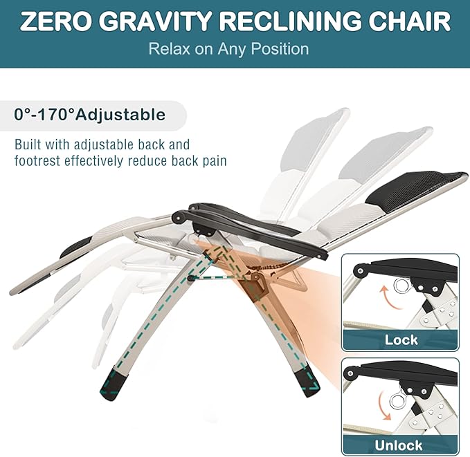 NAIZEA Padded Zero Gravity Chair, Folding Outdoor Lounge Chairs, Adjustable Reclining Camping Chairs with Cup Holder, Ergonomic Patio Lawn Chair for Balcony Beach Deck Yard
