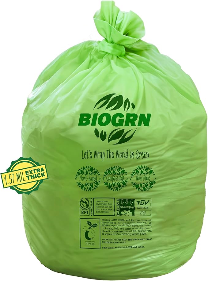30-33 Gallon Compostable Trash Bags Flat-Top 30 Bags Heavy Duty1.57 Mil, 124.92 Liter Large Lawn and Yard Waste Bag for Outdoor Garden ASTM D6400, US BPI and OK Compost Home Certified