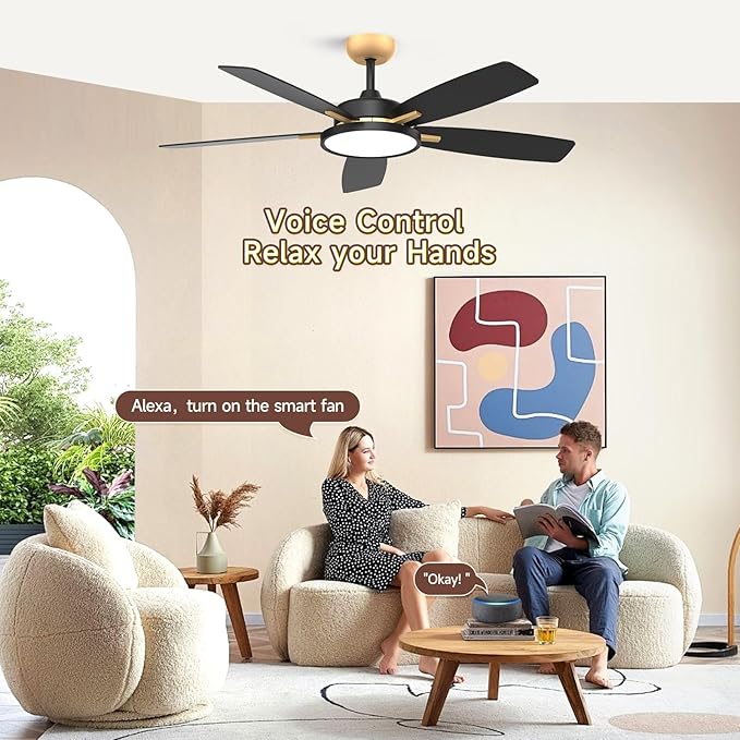 Roomratv Ceiling Fans with Lights,52 inch Smart Ceiling Fans with Dimmable LED Light Compatible with Google Home Alexa App Control(Black Gold