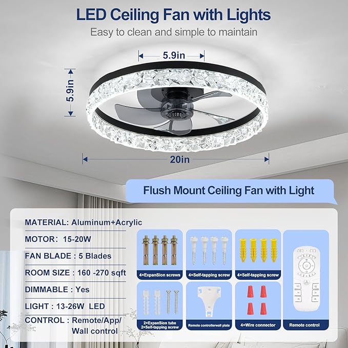 Ceiling Fans with Lights and Remote, 20 Inch Ceiling Fan with Light, Low Profile Reversible Fandelier Ceiling Fan, Dimmable LED, Flush Mount, Low Noise DC Motor, for Bedroom Kitchen Small Room